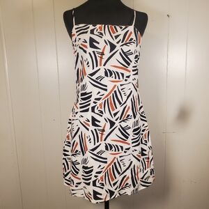 Blue Rain Sleeveless Linen Rayon Mini Dress White, Black & Orange Abstract S